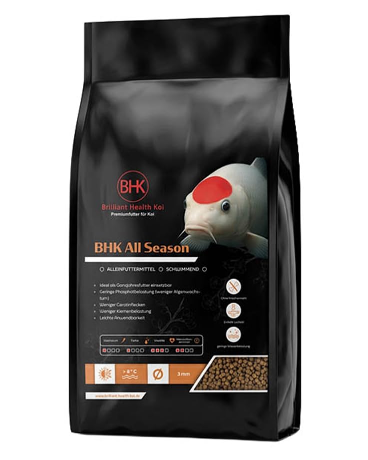 BHK – Koi Futter All Season 15kg – Teichfutter mit Fischmehl & Lachsöl – Schwimmende 5mm Pellets – Ganzjahresfutter– Für Frühjahr bis Herbst