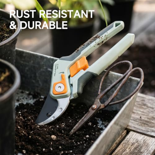 Image of PrunePro 8 inch Pruning Shears for Gardening Ultra Sharp German Stainless Steel Blade Professional Bypass Hand Pruner Arthritis Friendly Effortlessly Cut Branches Up to 1 Inch Plant Flower Garden Clipper
