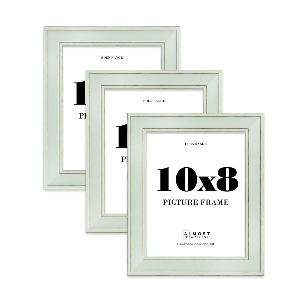 10x8 Sage Green Picture Frame - Shabby Chic Photo Frame with Distressed Finish, Gold Trim, Wall Hooks and Kickstand, 37mm Edge - 3 Pack