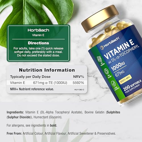 Vitamin E Capsules High Strength 1000iu | 200 Count | Vitamin E as DL-Alpha Tocopheryl Acetate | No Artificial Preservatives | By Horbaach - Image 3