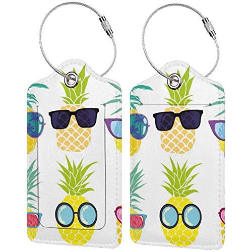 Pineapple with Glasses Initial Luggage Tag Baggage Bag Tags Travel Fully Bendable Tag Stainless Steel Loop 2 Pcs Set