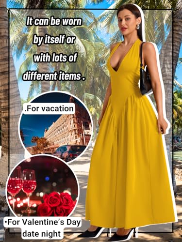 Image of ChiaoLezhee Deep V Neck Dress, Halter Maxi Dresses, Vacation Date Night, Sexy for Women Corset Flowy Wedding Guest Drop Waist