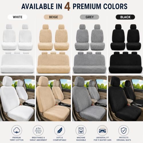 Image of Royal Bharmal Universal Fit Car Seat Cover Towel Set for 5 Seater Cars | 8 Piece Premium Terry Cotton Washable Seat Covers | Breathable Sweat Absorbent Seat Protectors (Beige)
