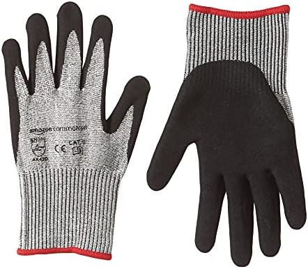 AmazonCommercial Cut-resistant Level 5 D Goldsilk & PU Coated Work Gloves, Mechanics, Gardening, Construction (Salt & Pepper/Black), Size L, 1 Pair