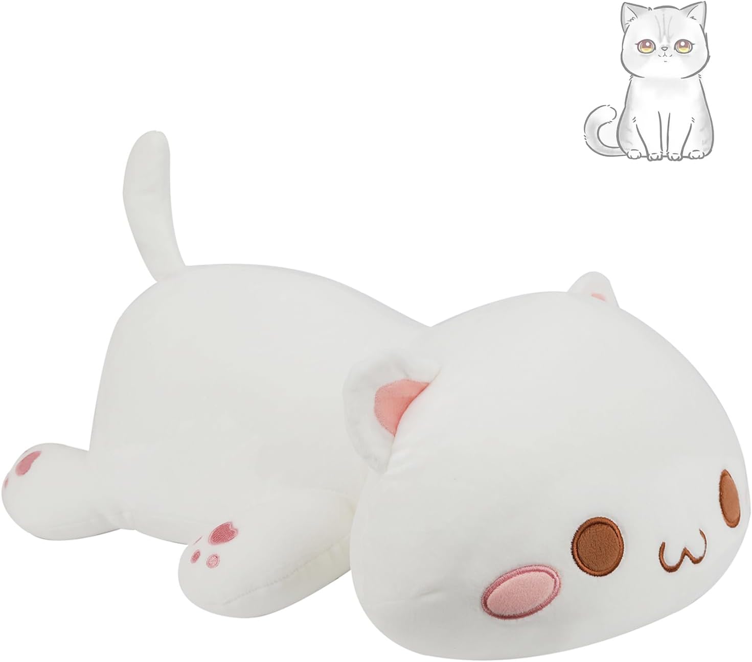 Cat Stuffed Animals Plush Cute Soft Cat Plush Pillow Kawaii Plushies Room Decor Gifts (Round Eyes, White, 13.7 Inch)