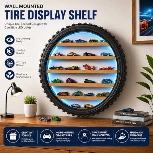 Image of Wall Mounted Tire Display Shelf with LED Lights for Kids Room | Wooden Circular Tyre Rack, Die-Cast Cars, Toy Car Organizer Storage, Handmade Tire Shape Floating Shelf (Blue Light)