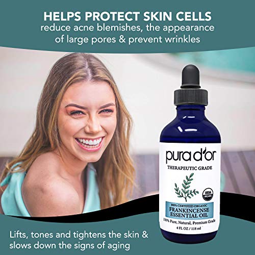 Pura D'or Organic Frankincense Essential Oil (4Oz With Glass Dropper) 100% Pure & Natural Therapeutic Grade For Hair,Body,Skin,Aromatherapy Diffuser,Relaxation,Meditation,Mood,Massage,Diy Home #TOP1