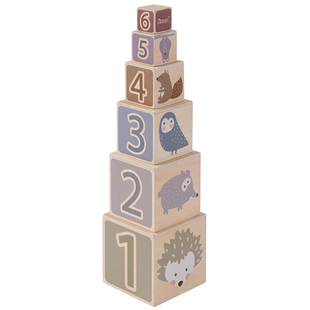 howa 6027 Wooden Stacking Tower from 1 Year Old, Motor Skills Toy Stacking Cube, Braun, 12x47x12 centimeters - Image 2