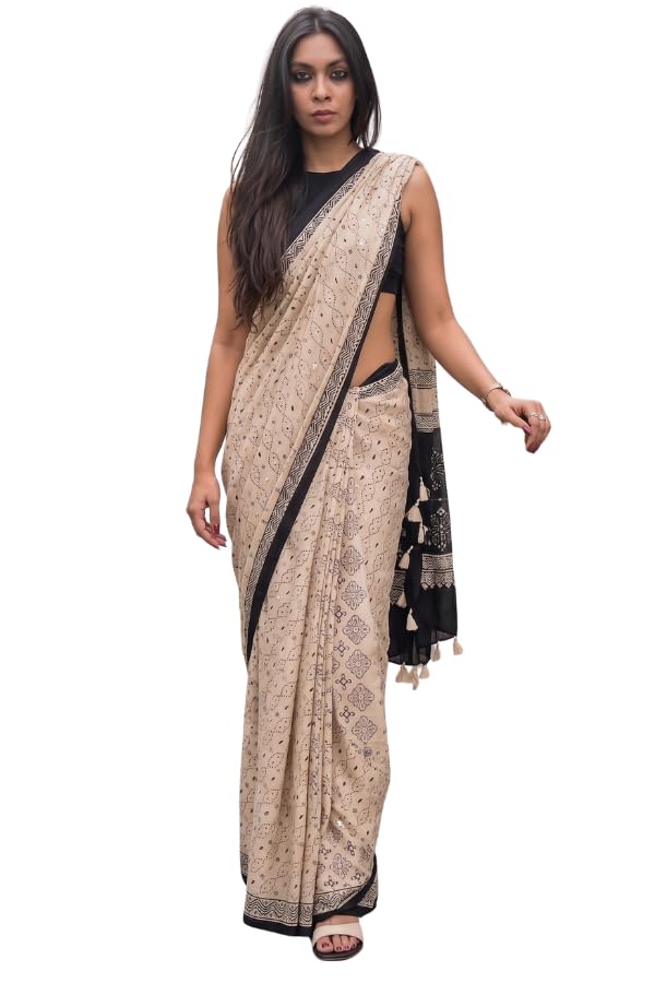 Ajrakh Saree for Women | Gajji Silk Ajrakh Print Saree with Heavy Mirror Work | Ajrakh Mirror Work Sarees for Women | Ajrakh Silk Sari with Unstitched Blouse Piece-image-16