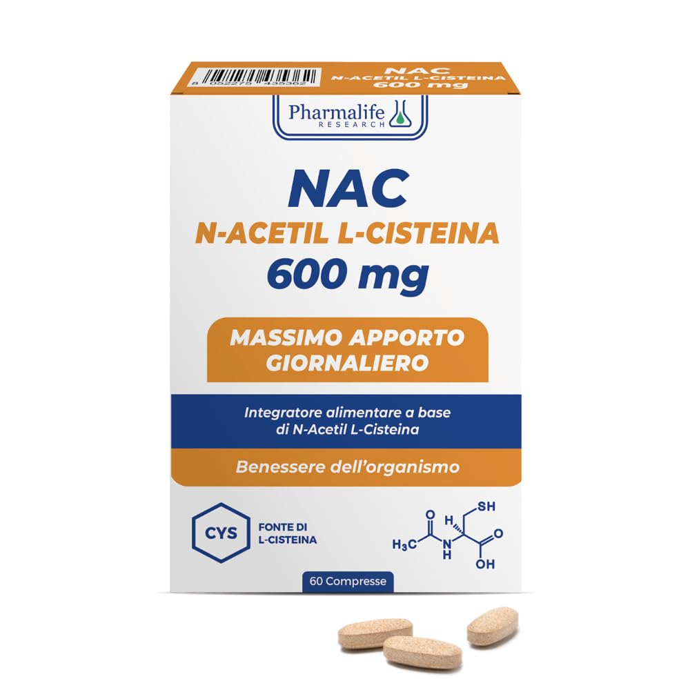 NAC 600 mg – 60 compresse | N-Acetil L-Cisteina ad Alto Dosaggio | Fonte di L-Cisteina | Integratore Antiossidante per Difese Immunitarie, Fegato e Benessere dell’Organismo