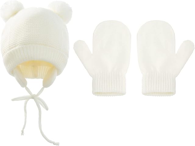 Winter Baby Hat Baby Gloves,Pom Pom Hat with Ear Flaps and Chin Ties Toddler Knitted Warm Beanie Cute Hat Gloves Set for Newborn Baby Girls Boys 1-4 Years