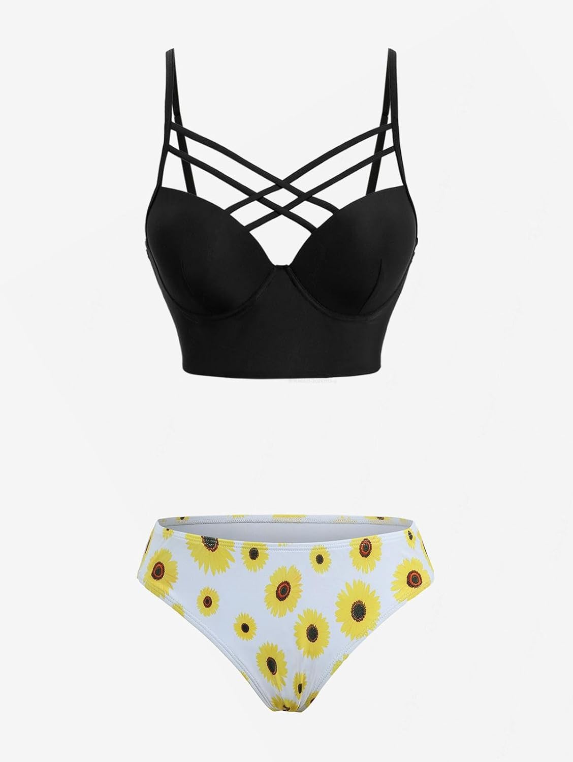 DRESSFO Womens Retro Bikini Set 3 Pieces Sunflowers Printed Crisscross High Waist Tummy Control Vintage Tankini Bathing Suit