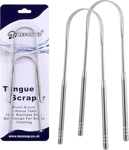 RECON UP Pack of 2 U Shape Tongue Scraper for Adults 100% Stainless Steel with Dental Floss, Tongue Cleaner Fresh Breath Care Scraper, Tounge Scraper Bacteria Inhibiting, Tongue Cleaning Tool