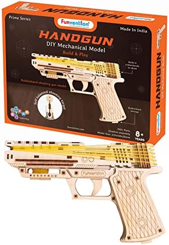 Funvention DIY Handgun Mechanical Model Kit for Kids (8+ Years) | Wooden Rubber Band Blaster Gun | STEM Learning Toy | Build & Play | Glueless Assembly | Made in India