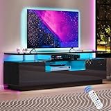 AMERLIFE 70in High Gloss TV Stand with LED Lights for TVs Up to 80”, Modern Entertainment Center with Storage Cabinet & Open Shelf, 2 Tier TV Console Table for Living Room, Black
