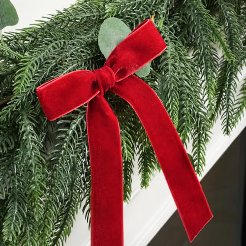 Christmas Decorations, 6FT Norfolk Pine Garland with Red Velvet Ribbon Bows DROPS TO - image 3