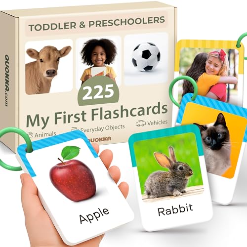 Image of QUOKKA 225 Toddler Flash Cards with Rings – Realistic Learning Cards for Ages 1–3 – Alphabet, First Words, Animals etc – Portable Montessori Flashcards for Car Rides, Stroller Walks, Shopping &Travel