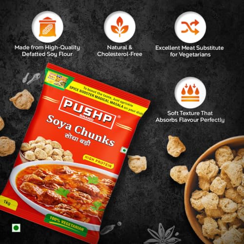 Image of PUSHP Soya Chunks 1kg (Pack of 2) | High Protein & Fiber rich Soyabean Wadi | Nutri Nuggets for Curry, Biryani & Snacks | 100% Vegetarian Soyabean Chunks