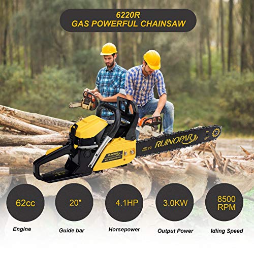 Gas Chainsaw 62CC 20 Inch Gas Powered Chainsaw Handheld Cordless with 2 Chain,2 Spark Plug and Chainsaw Bag for Cutting Wood Outdoor Home Farm Use