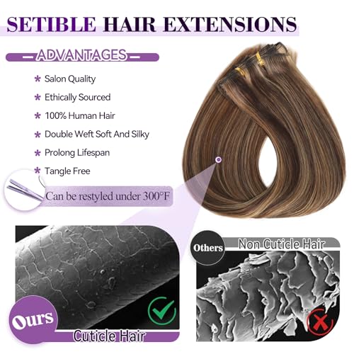 Image of Clip in Hair Extensions Real Human Hair 20 inch 105g /3.7oz Straight Seamless Invisible Human hair Extensions Clip ins for Women Double Weft 8pcs Chocolate Brown to Honey Blonde
