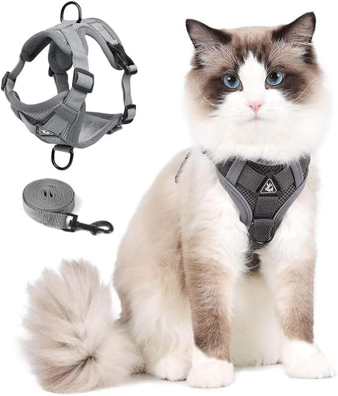 Peitoral Ajustável para Gatos e Cães Pequenos com Guia de Nylon e Faixas Refletivas skmeditec L3 Cinza
