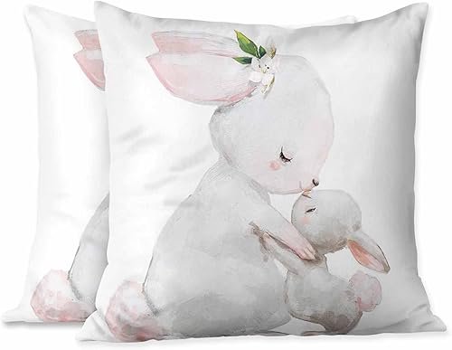 Beabes Juego de 2 fundas de almohada cuadradas con dibujos animados de conejitos grises para bebé y madre con flores blancas y hojas en acuarela,