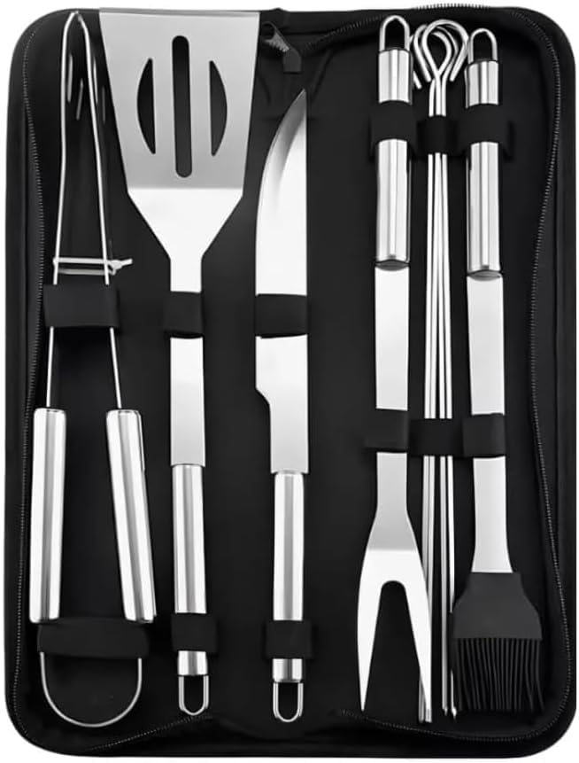 Kit Para Churrasco 9 Peças De Inox Inoxidável Com Estojo Resistente E Alça Cabo Presente Vendana
