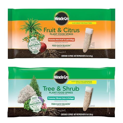 Miracle-Gro Plant Food Spikes Bundle for Fruit and Citrus Plus Trees and Shrubs, For Deciduous, Evergreen and Flowering Trees and Shrubs, 24 Spikes