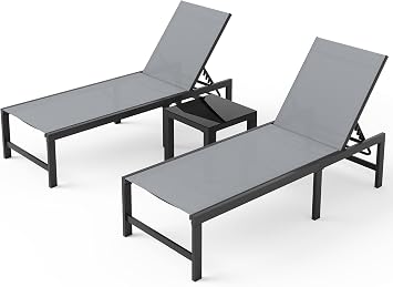UDPATIO Outdoor Chaise Lounge Chair Set of 2 with Table Pool Lounge Chairs for Outside, Adjustable Lounger for Poolside Lawn Deck Lay Flat Sunbathing Backrest for Patio, Beach, YardGrey
