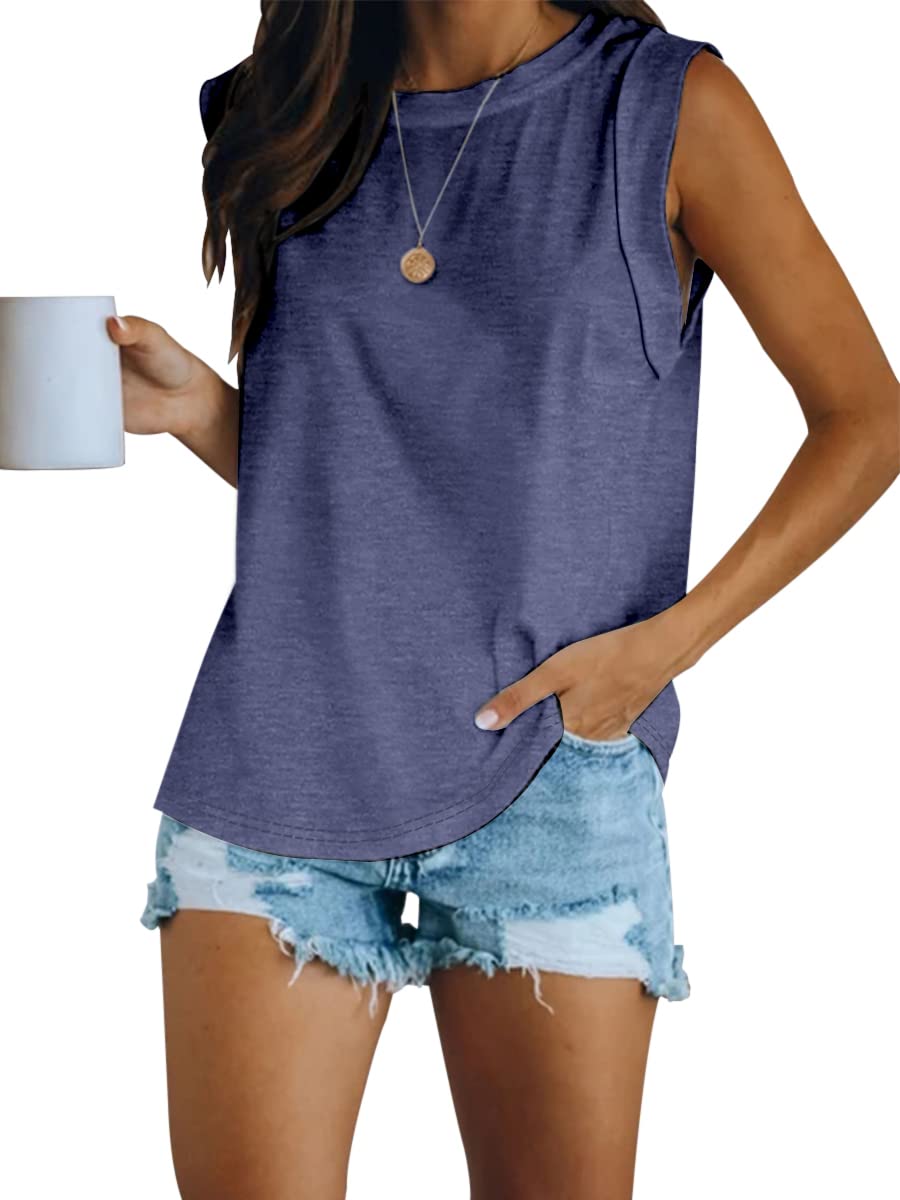 Women's Summer Sleeveless Tank Top Loose Fit Casual Crew Neck T Shirts Basic Tee Tops, Navy Blue, Medium