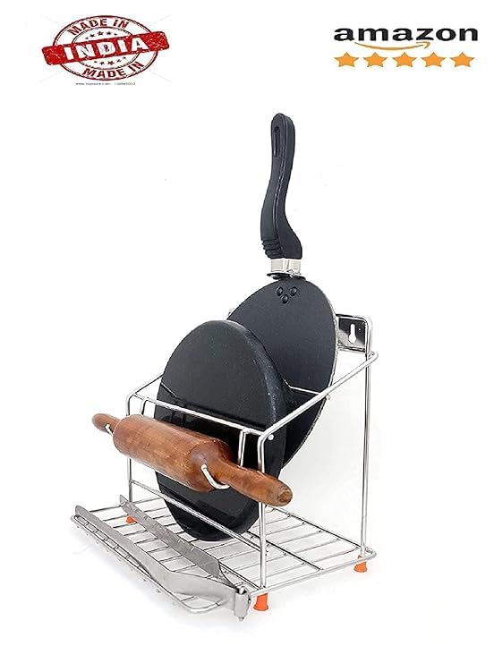 Image of Homify 4-in-1 Stainless Steel Chakla Belan Tawa Chimta Stand for Kitchen - Wall Mount Rack for Rolling Pin, Board, Tong Holder & Organizer