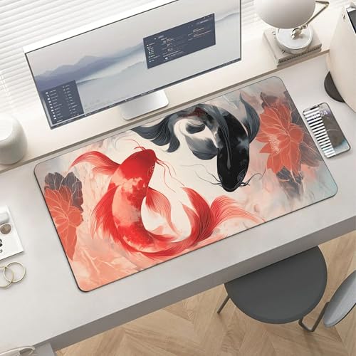 Image of Koi and Lotus Ethnic Extended Gaming Mouse Pad, with Stitched Edges Large Mouse Pad Desk Protector, Rubber Base Mousepad Keyboard Mouses Mat for Work Game Office Home- 32 inch X 16 inch Inch
