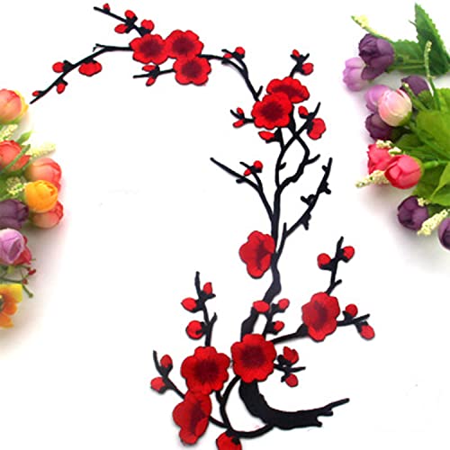 Zeng/Wanlian Decorative Patches,Embroidered Iron-On Patch, Embroidery Applique By Diy Cloth Art Embroidery Decoration Jeans Hats Blouses Sewing Sew Shirts Appliques (Plum Flower Patches, Red/Black) #TOP2
