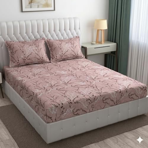 Image of Cotton Bolls Textiles Glace Cotton Flat Bedsheet 90x90 Inch with 2 Pillow Covers - Soft Breathable Glace Cotton, Printed Bedding Set for Double Bed