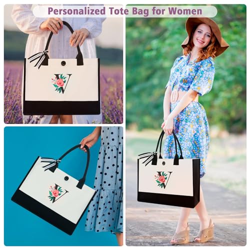 Image of Initial Canvas Tote Bag, Monogrammed Tote Bags Suitable for Mother's Day Wedding Beach