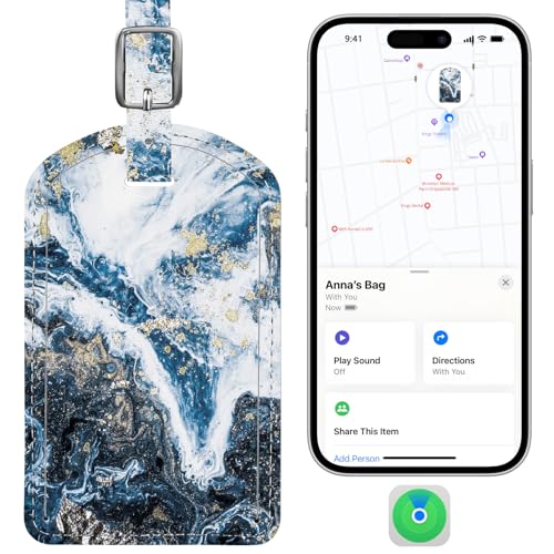 Luggage Tags Built-in Anti-Loss Tracker, Luxury Leather Luggage Tags for Suitcase, Travel Bags, Backpacks, Travel Organizer for Lost Baggage Prevention (Marble Texture)