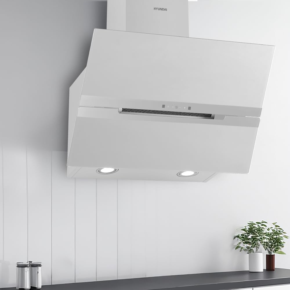 Hyundai Campana Extractora Decorativa Inclinada 90cm, Cristal blanco, HCDE90DCW00. Potencia 831m3/h, 3 Velocidades, 2 Filtros, 64 dB Nivel Sonoro, Control Táctil, Filtros aptos para Lavavajillas