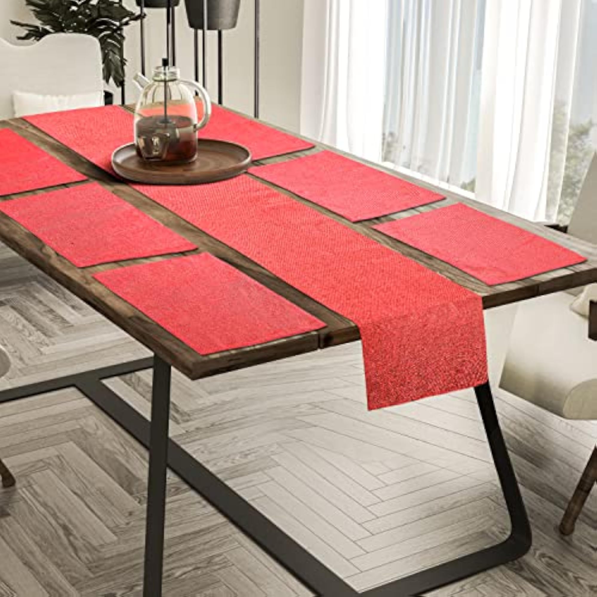 Reversible Jute Fabric Dining Table Mat and Runner Set, 7pcs
