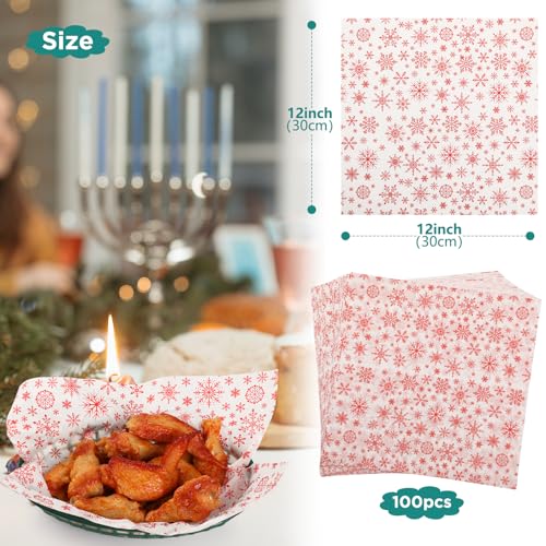 GeeRic Waxed Deli Paper Sheets 100 Pcs, Merry Christmas Food Basket Liners for Sandwiches Fries 12 * 12 Inch,X\'mas Burgers Deli Wrap Wax Paper Sheets Snowflakes Red - Thumbnail 3