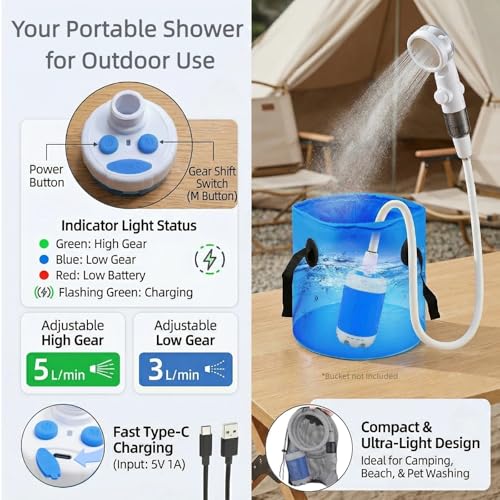 Ducha portátil para camping, bomba recargable con 3 modos de rociado, kit de ducha para exteriores con soporte de succión y bolsa de malla para viaje, baño de mascotas, lavado de autos y riego en el jardín miniatura 4