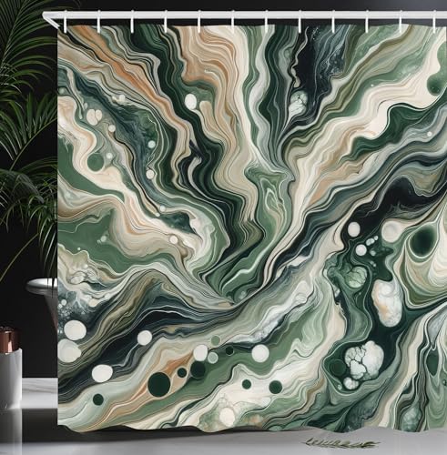 Ambesonne Olive Green Shower Curtain, Contemporary Abstract Swirling Lines and Roundy Details Marble Print, Cloth Fabric Bathroom Decor Set with Hooks, 69" W x 70" L, Cadet Blue Teal Ecru