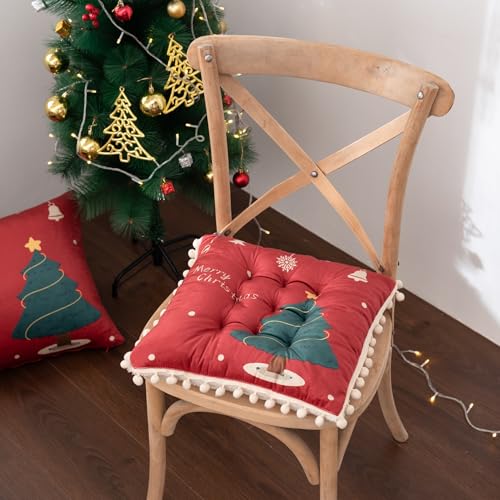 Hixingo Chair Cushions Set of 1 2 4, Seat Cushions for Dining Chairs,Christmas Prints Soft Cotton Kitchen Chair Cushions, Dining Chair Cushions for Armchair Seat Pad (Christmas Tree,4 Pieces)