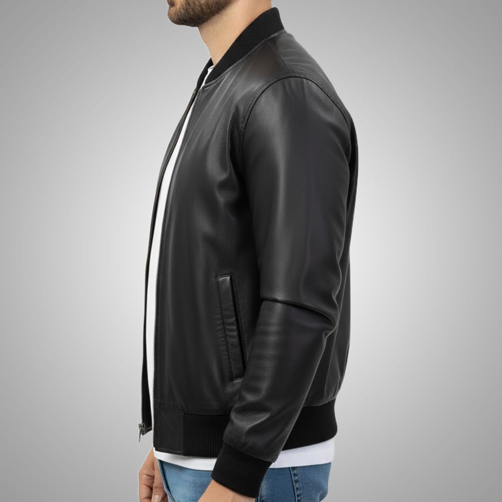 Men's Varsity Style Genuine Leather Bomber Jacket - Casual Real Lambskin Men's Leather Jacket Moto Jacket Men