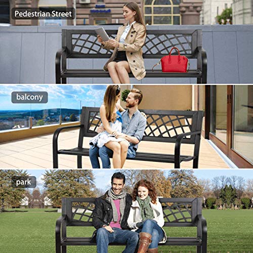Homeclever Metal Garden Park Bench, 45.5Inch Powder Coated Cast Iron Pvc Mesh Pattern Design Patio Bench W/Armrests Sturdy Steel Frame, Outside For Front Porch Path Yard Lawn Deck Furniture, Black #TOP6