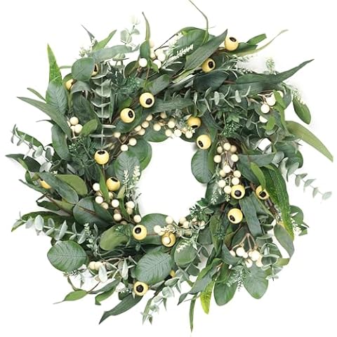HomeKaren Wreaths for Front Door 22 Inch, All Season Greenery Wreath Olive Eucalyptus Leaves and White Mixed Berry for Indoor Outdoor Farmhouse Home Porch Wall Window Festival Wedding Decor Cover