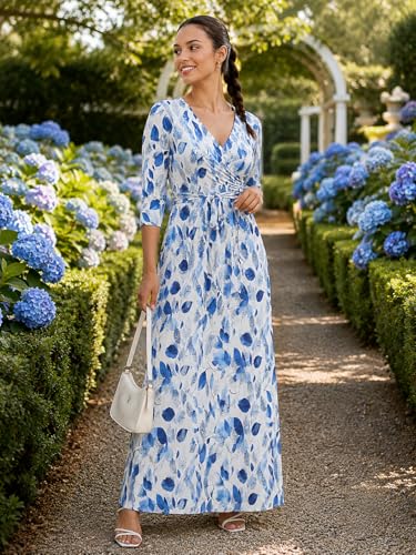 Image of Women's V Neck Floral Maxi Dress 3 /4 Sleeve Plus Size Boho Wrap Flowy Long Dresses with Belt