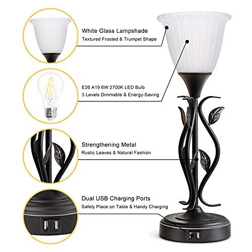 Opoway Set Of 2 Touch Control Table Lamps, 3-Way Dimmable Torchiere Bedside Lamps With Dual Usb Charging Ports, Leaf Body And Glass Shade Retro Lamps For Living Room, Bedroom, Led Bulb Included #TOP4