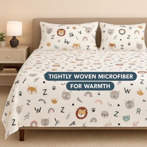 Image of Cottington Lane Kid's Alphabet Adventure Cartoon Bedsheet Set for Double Size Bed - Fun Learning Print with 2 Pillow Covers - Soft, Lightweight & Durable Bedding for Kids Room (90 x 100 Inches)