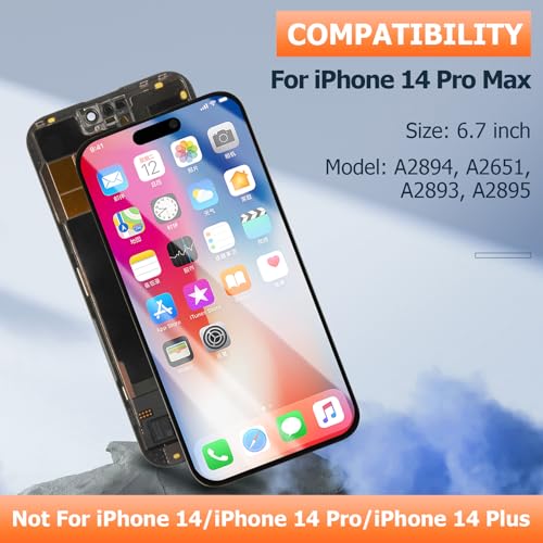 Soft OLED for iPhone 14 Pro Max Screen Replacement for iPhone 14 Pro Max LCD Display A2894 A2651 A2893 A2895 LCD Digitizer Touch Screen Assembly Repair Part with Protective Film+Tools