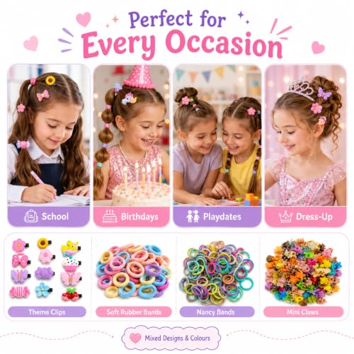 Image of 250 Pcs Hair Accessories for Kids Girls | Cute Baby Hair Clips, Theme Clips, Rubber Bands, Nancy Bands & Mini Claw Clips Combo | Hair Accessories for Baby Girl | Kids Hair Clips Set | Mixed Designs